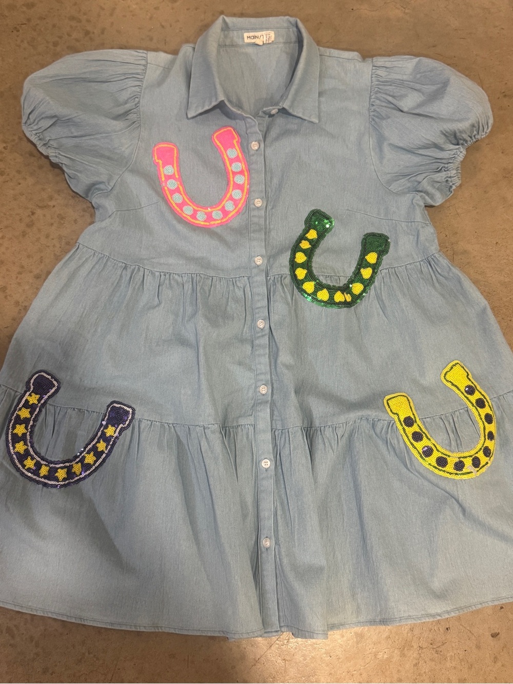 Light Wash Denim Dress with Colorful Horseshoe Patches